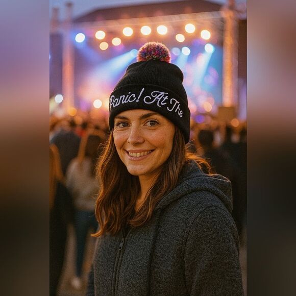 Panic at The Disco Black Winter Pom Pom Hat White Embroidered Lettering Music Fa - Picture 1 of 9